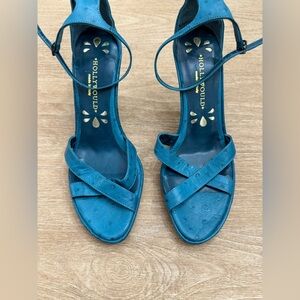 Hollywould teal ostrich leather ankle wrap sandals size 8.5!